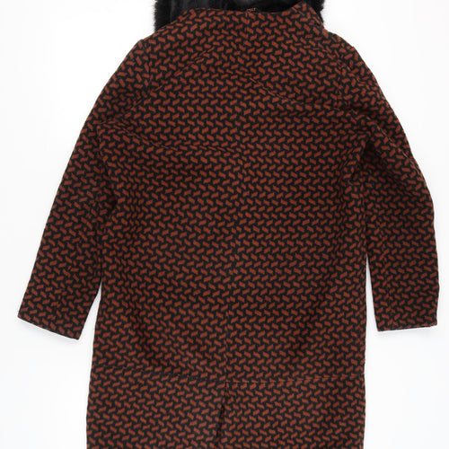 Biba Women's Brown Black Geometric Long Overcoat Size 14 Faux Fur Collar