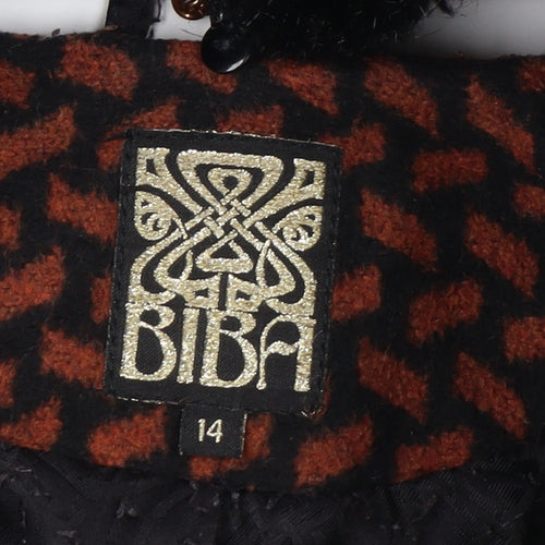 Biba Women's Brown Black Geometric Long Overcoat Size 14 Faux Fur Collar