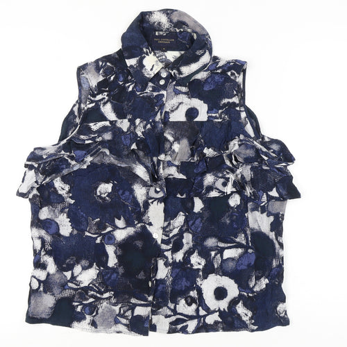 Paul Costelloe Women’s Blue Floral Ruffle Sleeveless Blouse Size 4