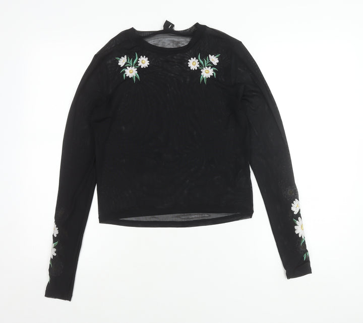 URBN Outfitters Womens Black Floral Embroidered Mesh Blouse M