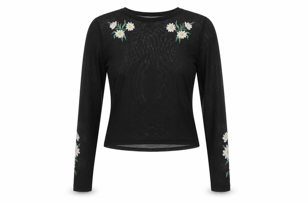URBN Outfitters Womens Black Floral Embroidered Mesh Blouse M
