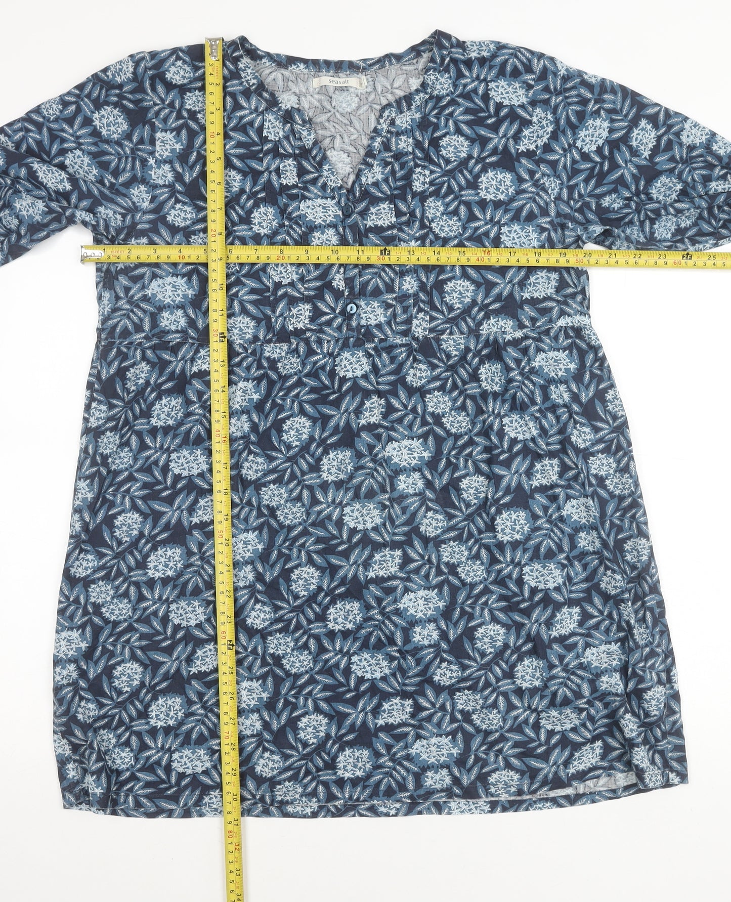 Seasalt Womens Blue Floral Tunic Blouse Size 14 Cotton Long Sleeve
