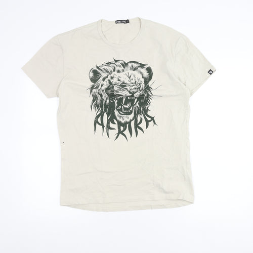 Afrika Joe Men's Beige Lion Graphic T-Shirt Size L Cotton Blend