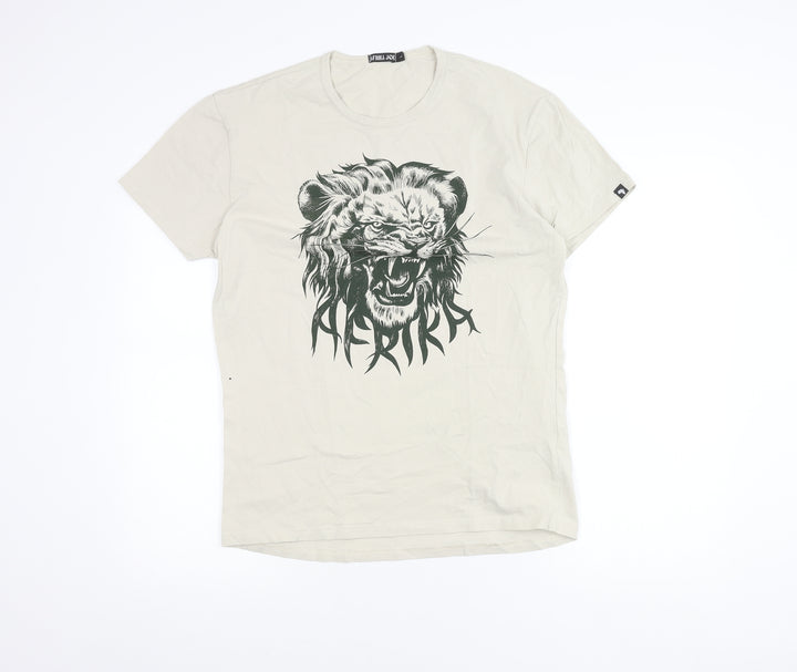 Afrika Joe Men's Beige Lion Graphic T-Shirt Size L Cotton Blend
