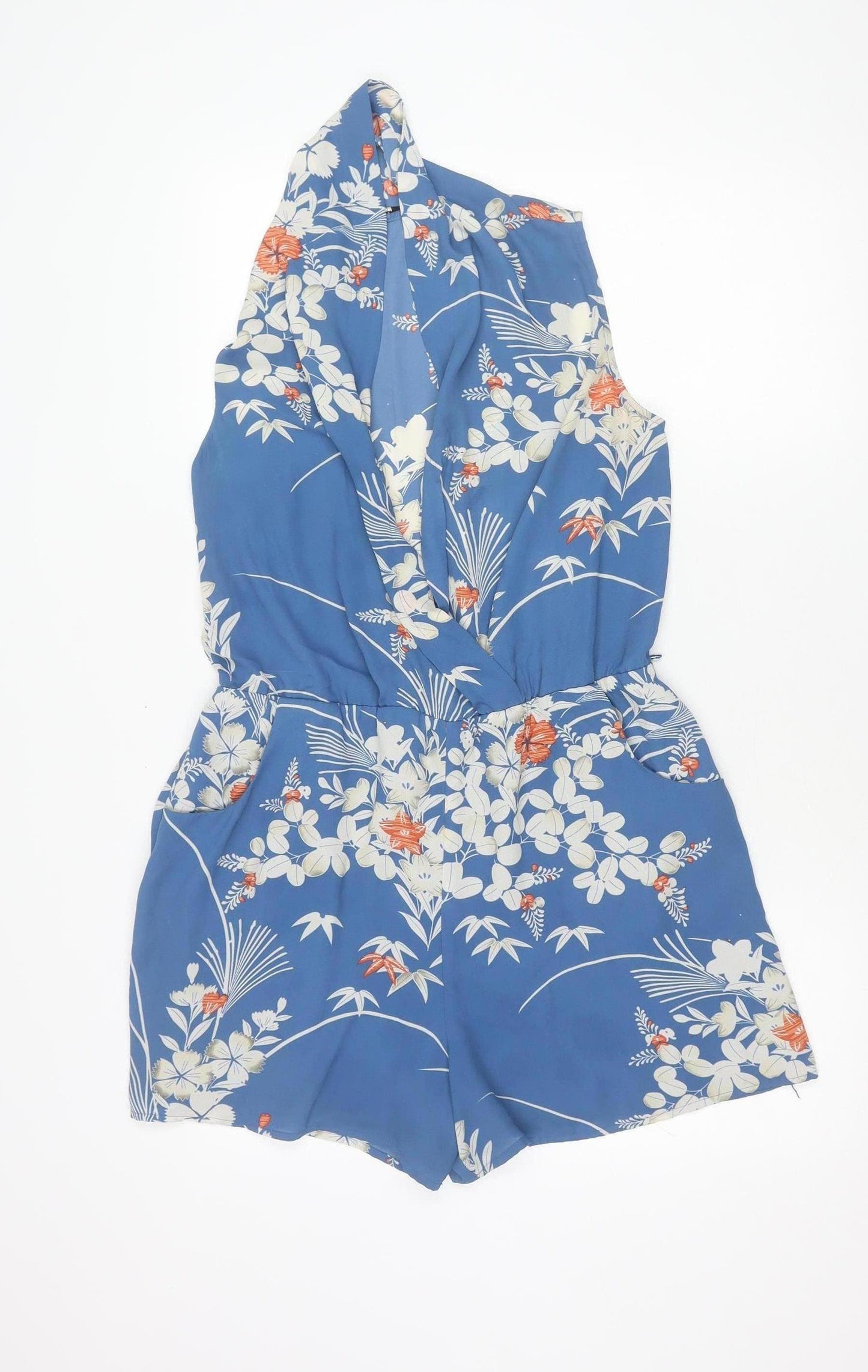 Oasis Womens Blue Floral Sleeveless Halter Neck Playsuit UK 12