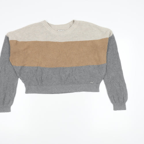 Hollister Womens M Beige Brown Grey Striped Knit Pullover Jumper