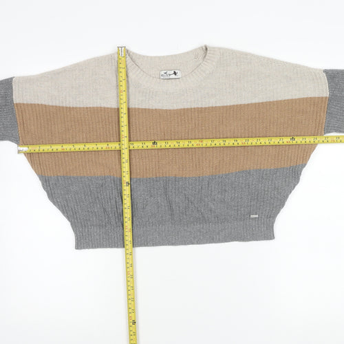 Hollister Womens M Beige Brown Grey Striped Knit Pullover Jumper