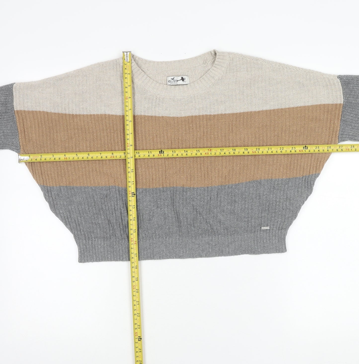 Hollister Womens M Beige Brown Grey Striped Knit Pullover Jumper