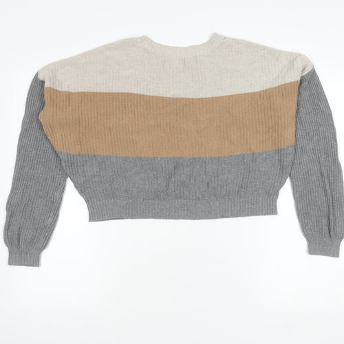 Hollister Womens M Beige Brown Grey Striped Knit Pullover Jumper