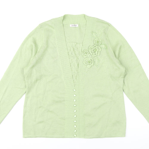 Damart Women's Green Cardigan Size 18 Long Sleeve Floral Embroidered Knit
