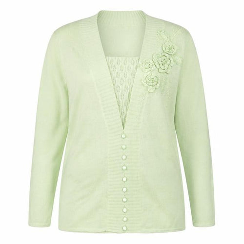 Damart Women's Green Cardigan Size 18 Long Sleeve Floral Embroidered Knit