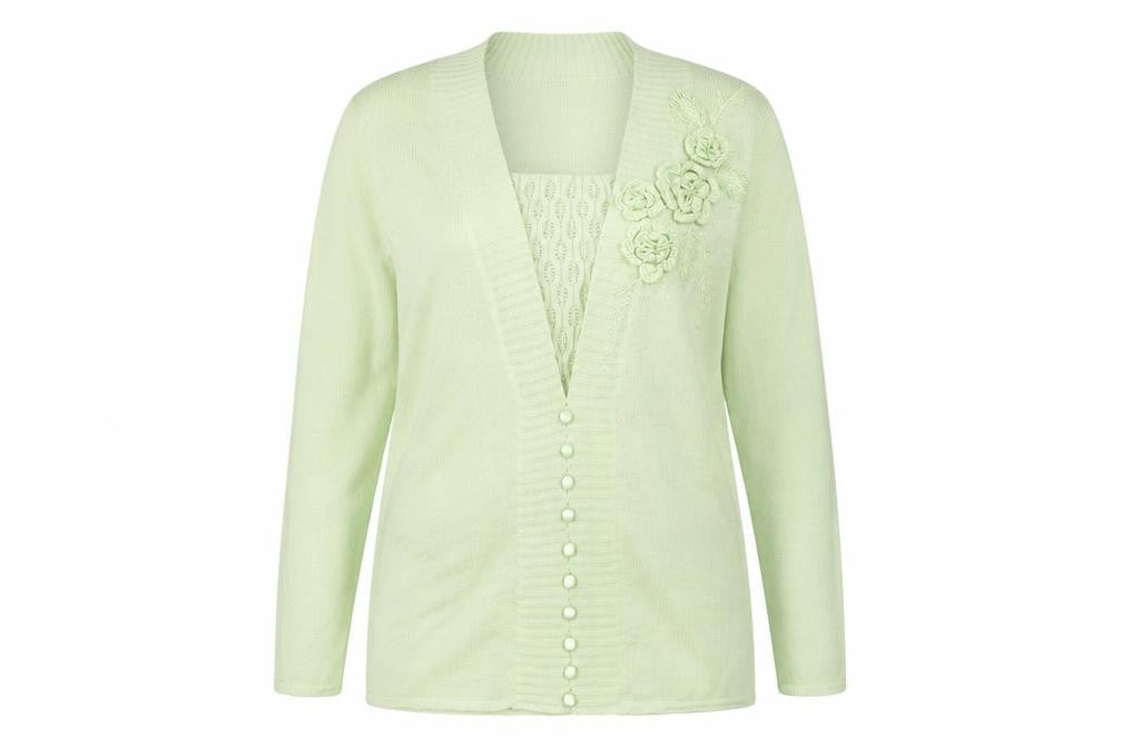 Damart Women's Green Cardigan Size 18 Long Sleeve Floral Embroidered Knit