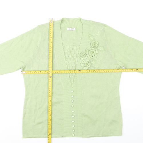 Damart Women's Green Cardigan Size 18 Long Sleeve Floral Embroidered Knit