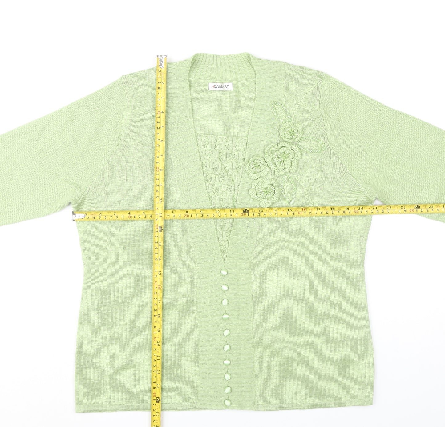 Damart Women's Green Cardigan Size 18 Long Sleeve Floral Embroidered Knit