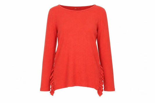 Front view of Next women’s red round neck ruffle jumper, size UK 12