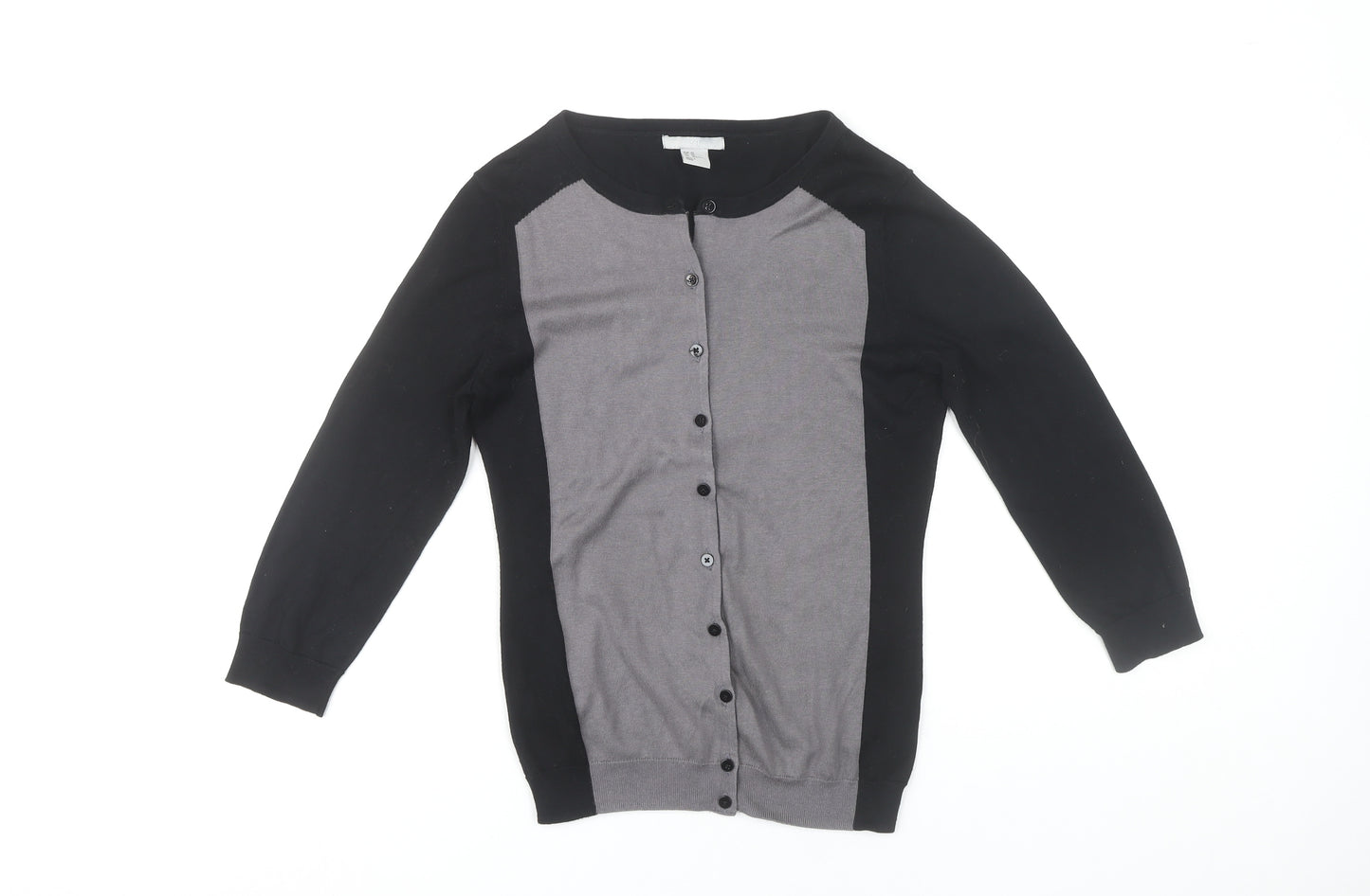 H&M Womens XS Black Grey Button Up Cardigan 3/4 Sleeve Knitwear