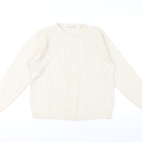 Jumper Womens Beige L Cable Knit Cotton Crew Neck Pullover