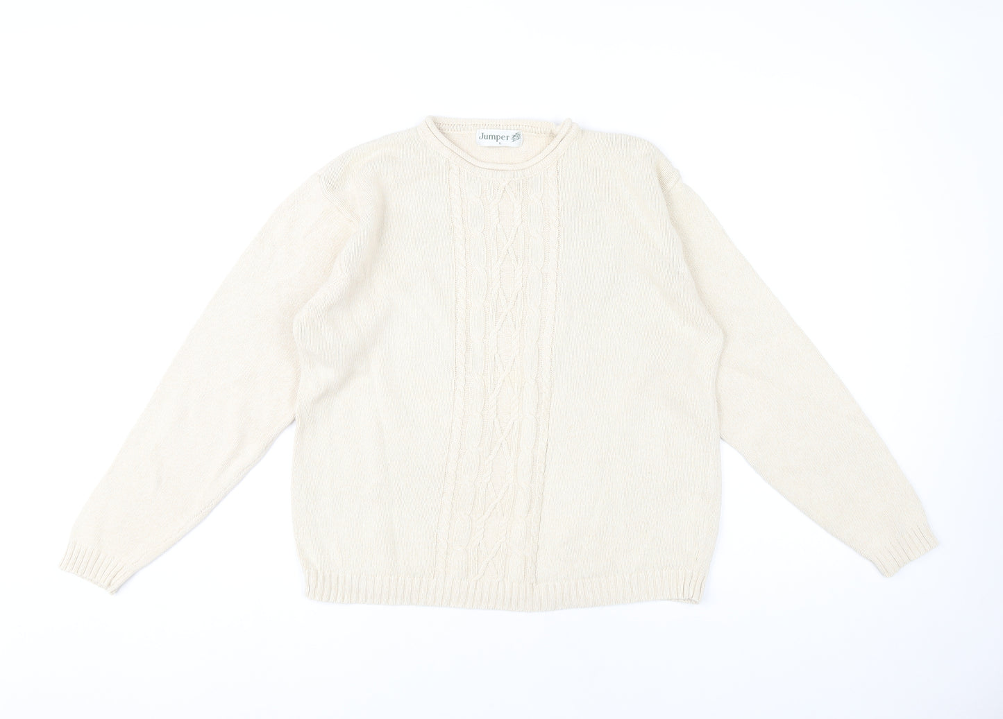 Jumper Womens Beige L Cable Knit Cotton Crew Neck Pullover