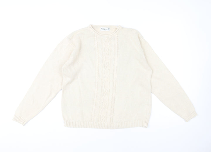 Jumper Womens Beige L Cable Knit Cotton Crew Neck Pullover