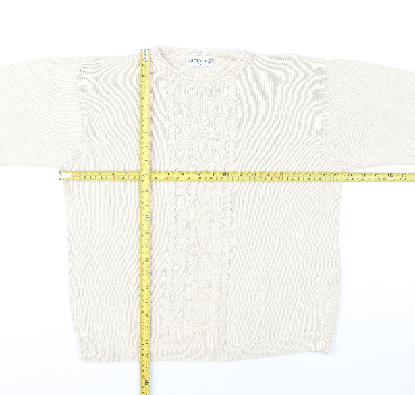 Jumper Womens Beige L Cable Knit Cotton Crew Neck Pullover