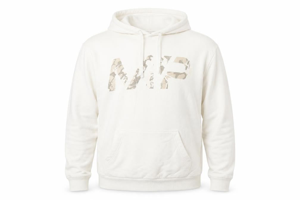 Front view of Myprotein Men’s Beige Pullover Hoodie, size M, Hooded Graphic Cotton Sweatshirt