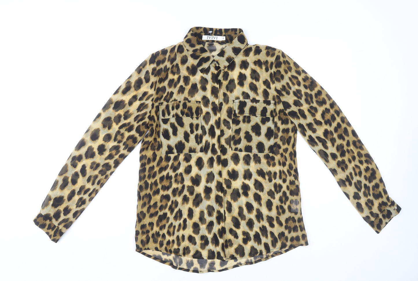 IVIVI Womens Leopard Print Button-Up Sheer Blouse Shirt S