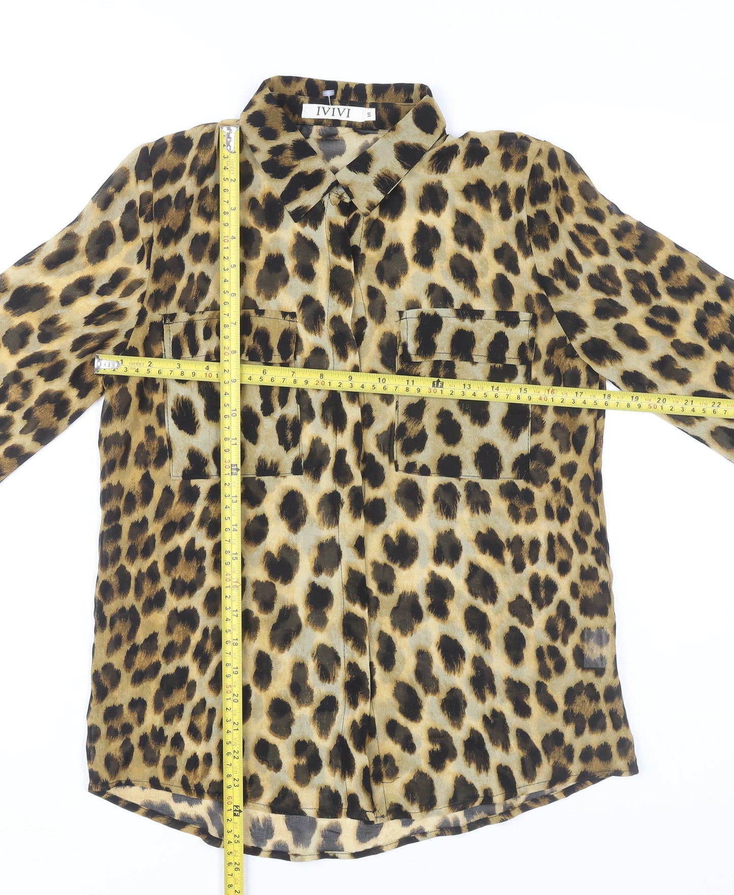 IVIVI Womens Leopard Print Button-Up Sheer Blouse Shirt S