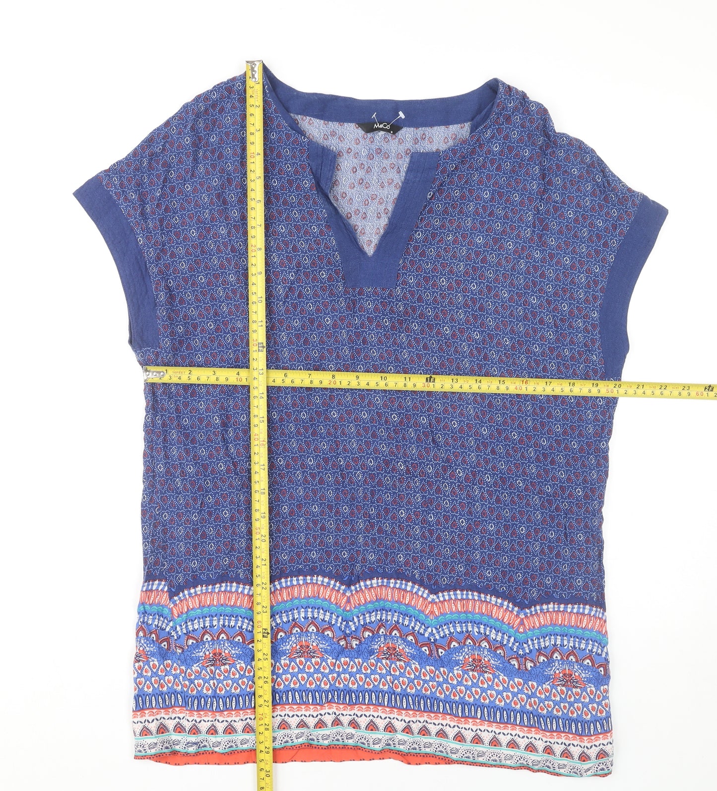 M&Co Womens Blue Viscose Tunic Blouse Size 14 Boho Geometric