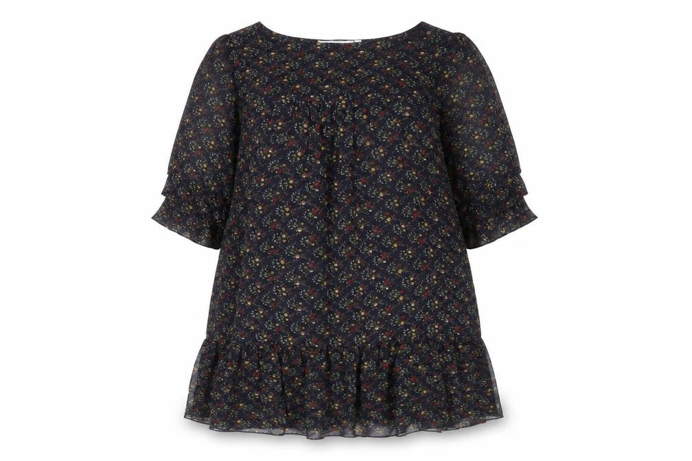 Front view of New Look women’s multicoloured floral shift dress, size UK 10, ruffle hem