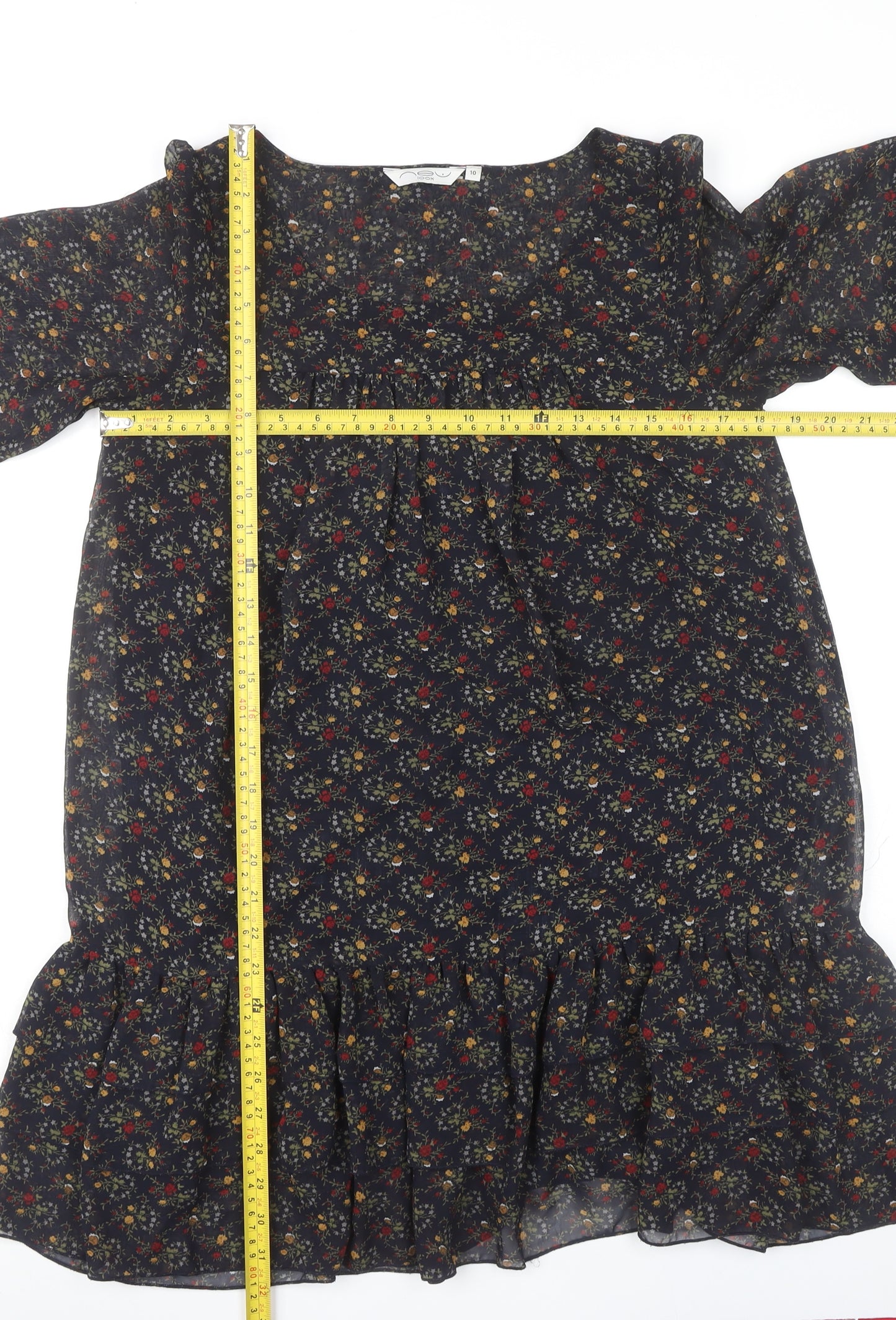 New Look Womens Multicoloured Floral Shift Dress Size 10 Ruffle Hem
