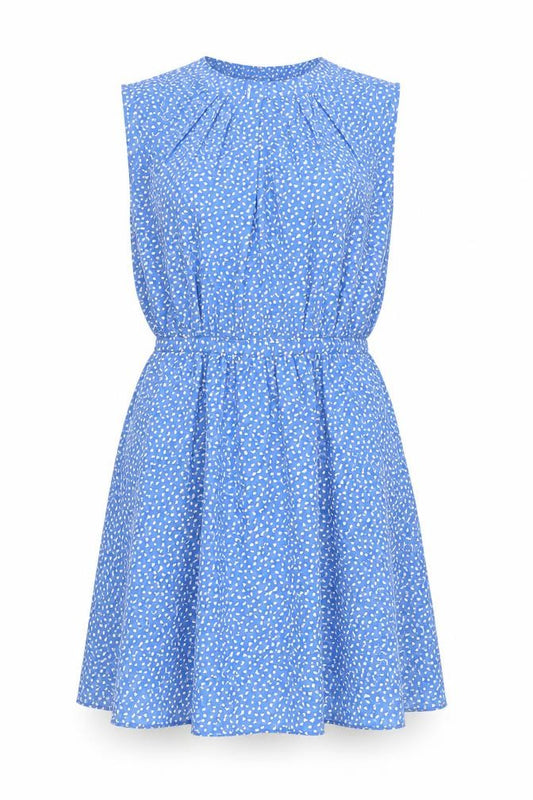 Front view of Warehouse Women’s Blue Floral Sleeveless A-Line Dress, size UK 14