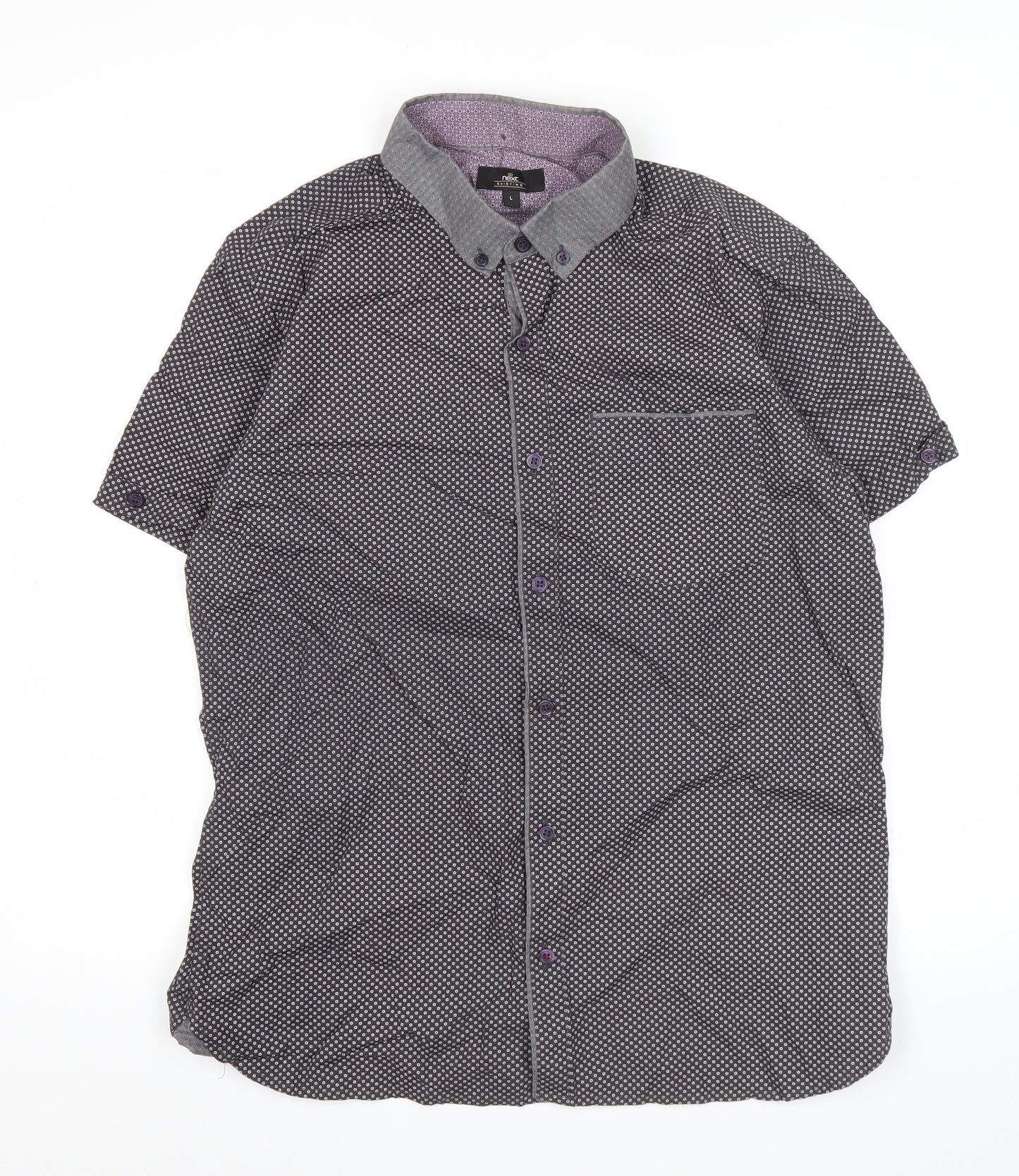 Next Mens Black Geometric Short Sleeve Shirt L Casual Button Up