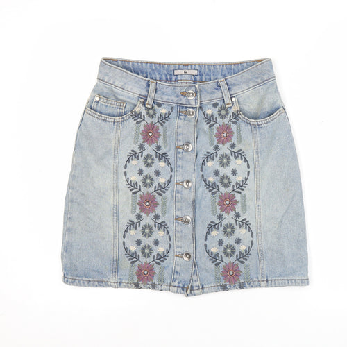 Tu Women’s Blue Denim Floral Embroidered Button Skirt Size 8