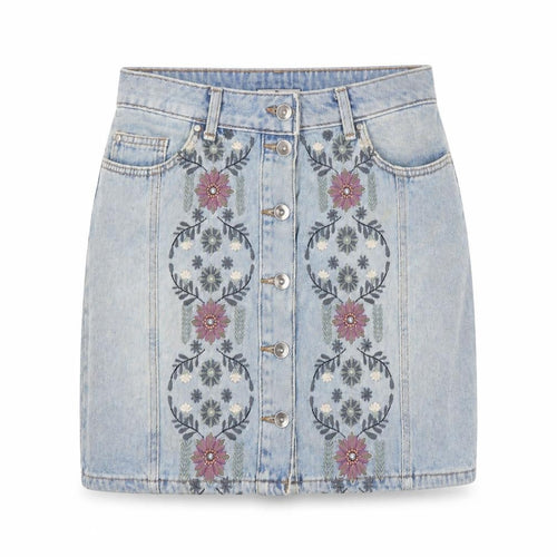 Tu Women’s Blue Denim Floral Embroidered Button Skirt Size 8