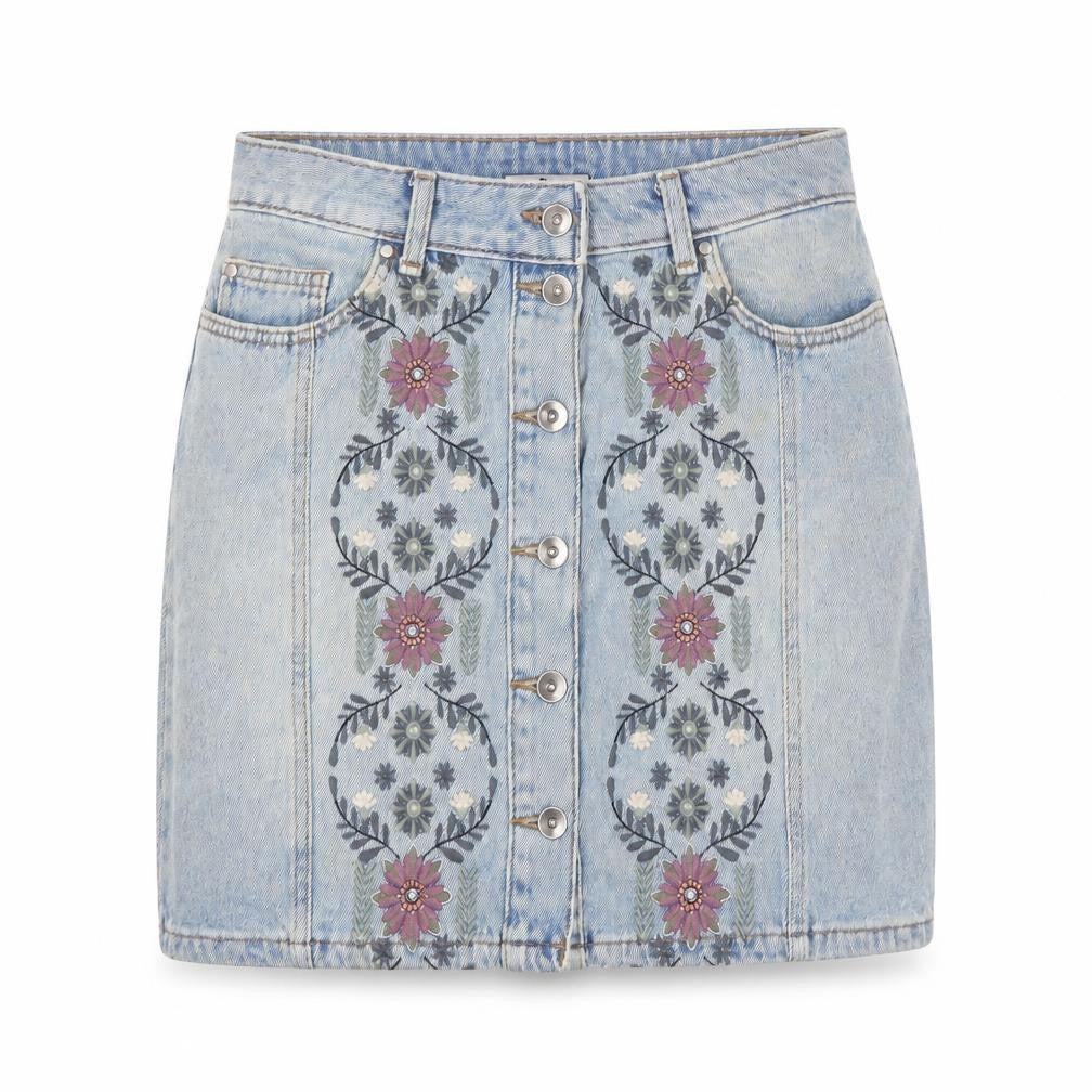 Tu Women’s Blue Denim Floral Embroidered Button Skirt Size 8