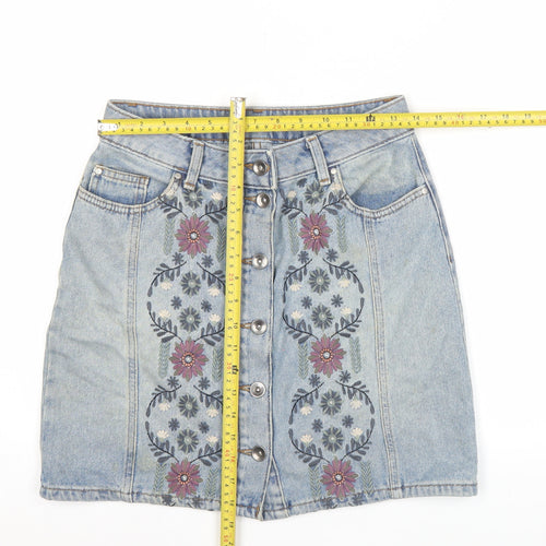 Tu Women’s Blue Denim Floral Embroidered Button Skirt Size 8