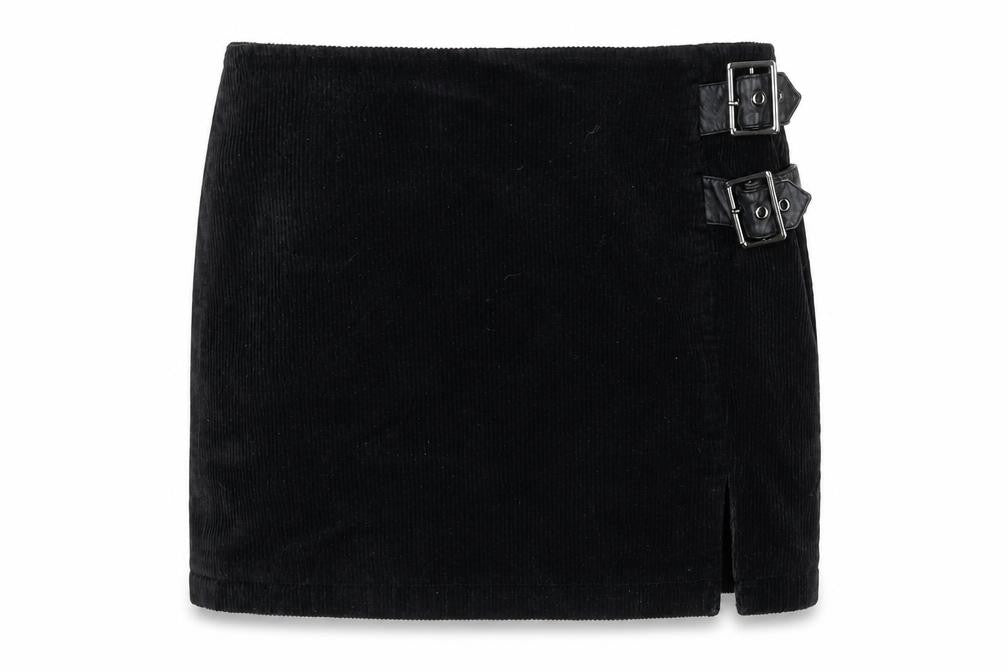 Lola Skye Womens Black Corduroy Buckle Short Pencil Skirt UK 12