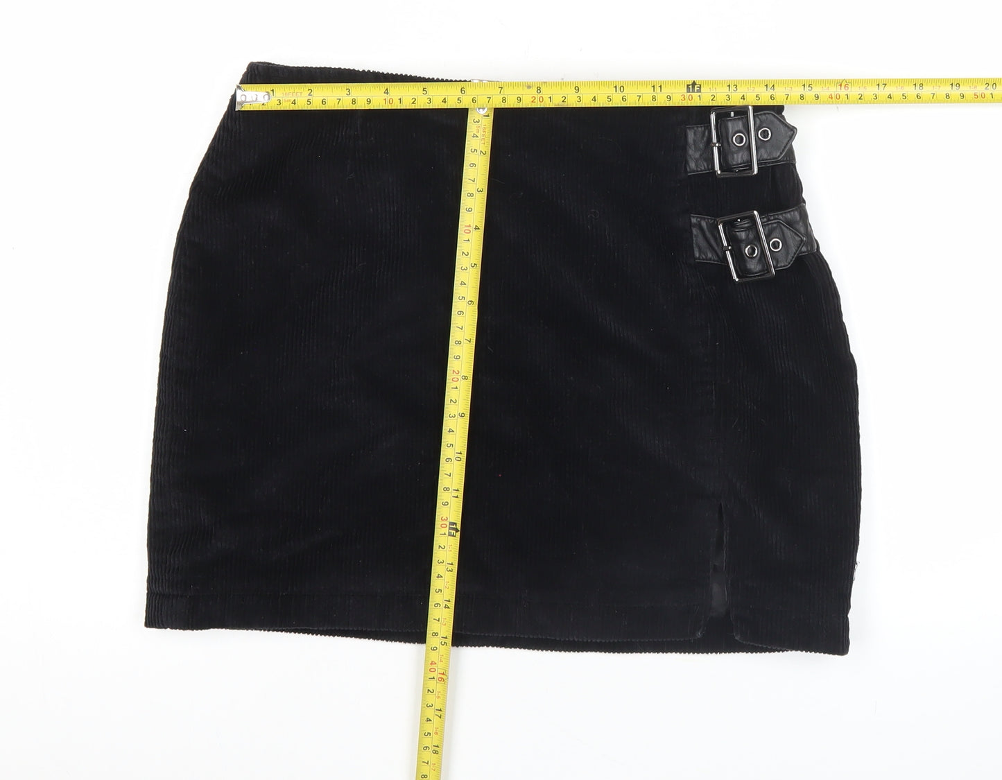 Lola Skye Womens Black Corduroy Buckle Short Pencil Skirt UK 12