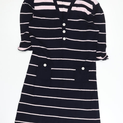 Phase Eight Women’s Blue Striped Shift Dress Size 12 V-Neck Cotton Blend
