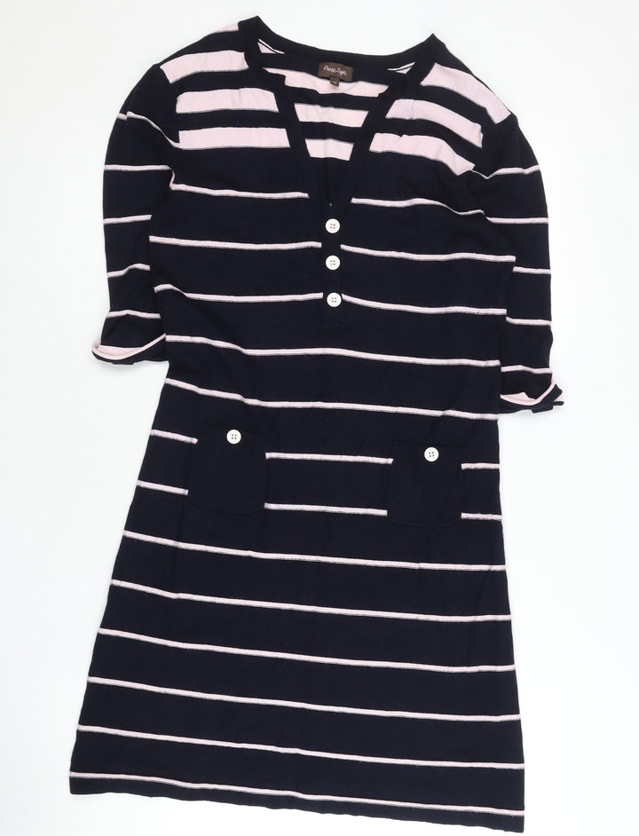 Phase Eight Women’s Blue Striped Shift Dress Size 12 V-Neck Cotton Blend