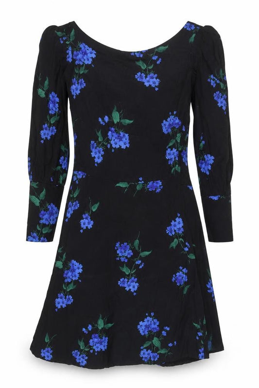 Front view of Nobody's Child Women's Black Floral A-Line Viscose Dress, size 6