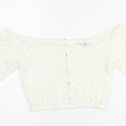 French Connection Women’s Ivory Lace Cropped Off-Shoulder Blouse UK 10