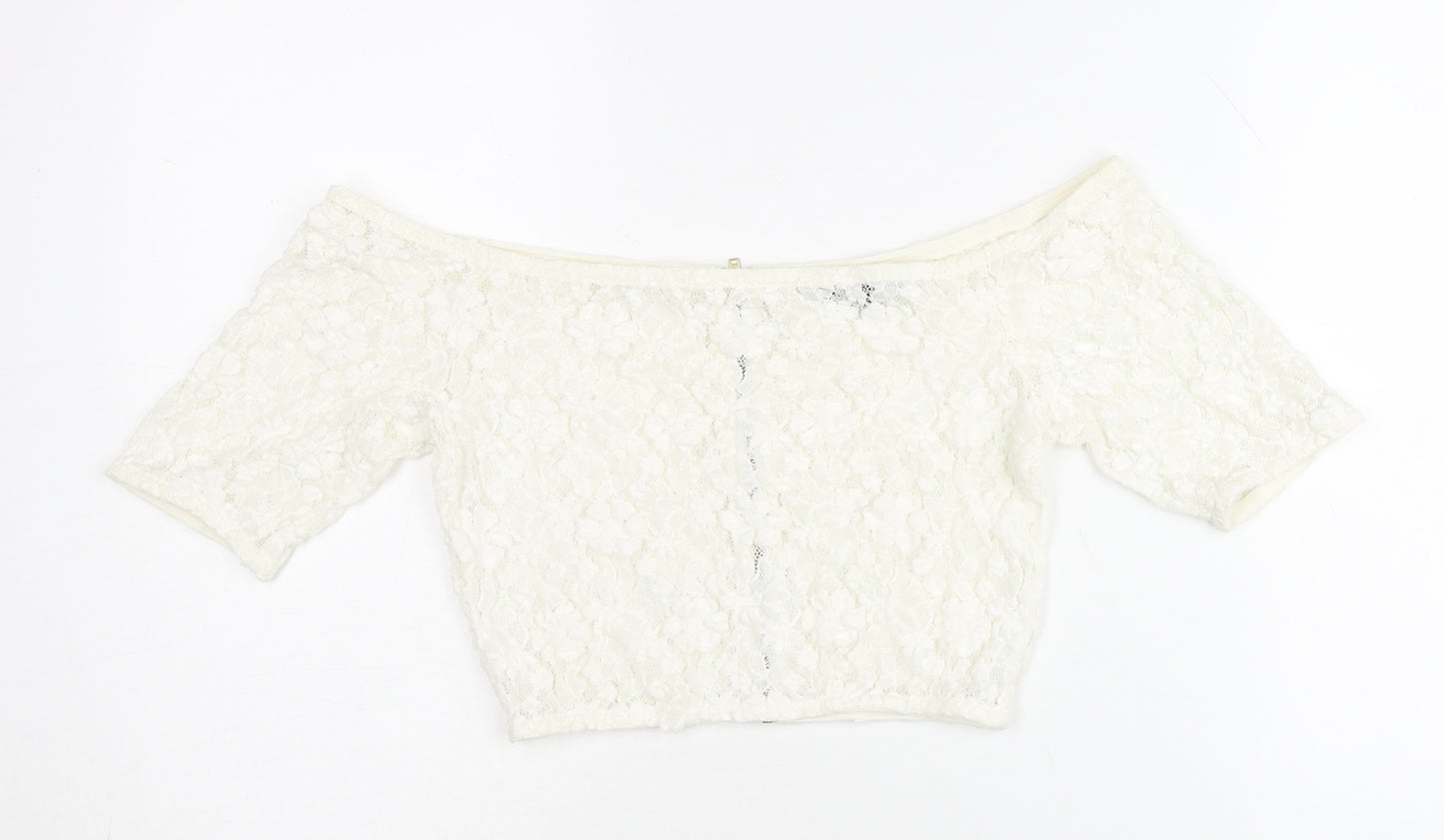 French Connection Women’s Ivory Lace Cropped Off-Shoulder Blouse UK 10