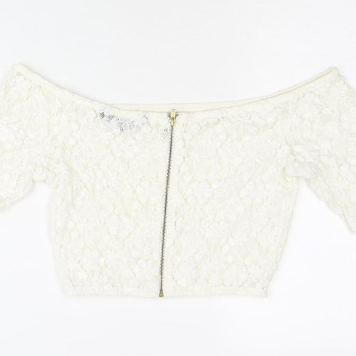 French Connection Women’s Ivory Lace Cropped Off-Shoulder Blouse UK 10