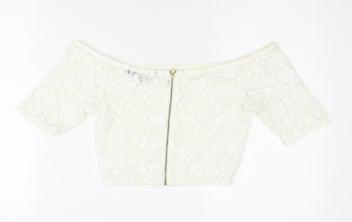 French Connection Women’s Ivory Lace Cropped Off-Shoulder Blouse UK 10
