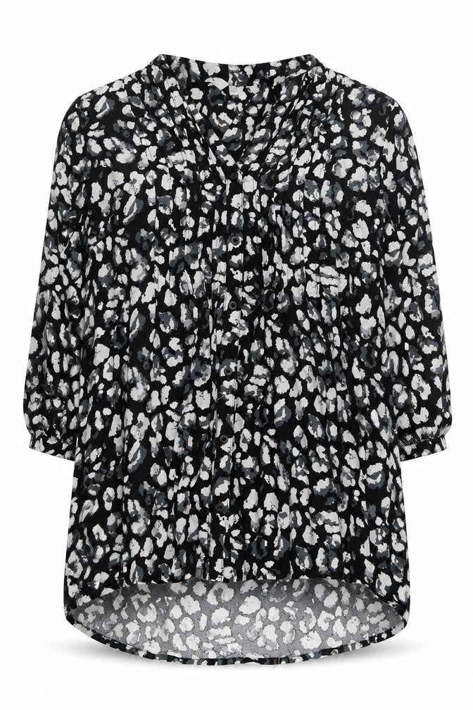 Front view of ISLE women’s black animal print viscose blouse, size UK 14
