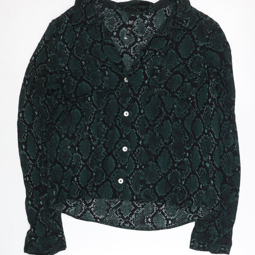 Zara Women Green Animal Print Button-Up Shirt Size 8 Short Sleeve