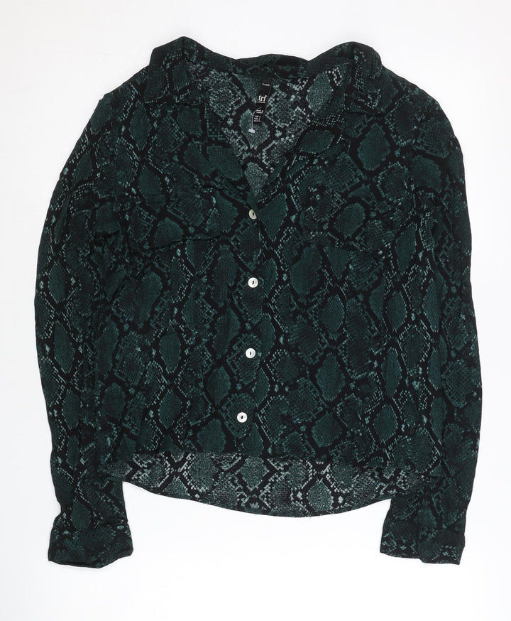 Zara Women Green Animal Print Button-Up Shirt Size 8 Short Sleeve