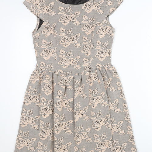 Topshop Women’s Grey Floral Skater Dress UK 6 Short Sleeve