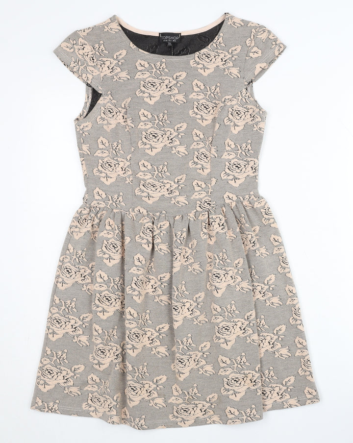 Topshop Women’s Grey Floral Skater Dress UK 6 Short Sleeve